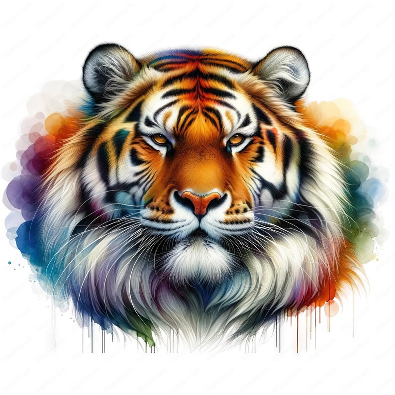 May include: A close-up portrait of a tiger's face with orange and black stripes. The tiger has a white beard and a serious expression. The background is a watercolor wash of colorful hues.