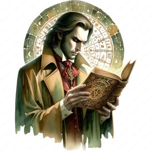 K&ouml;nnte beinhalten: Ein Mann in einem braunen Mantel und einer roten Krawatte liest ein offenes Buch mit goldenen Lettern und einem kreisf&ouml;rmigen Design auf dem Einband. Das Buch wird von hinten beleuchtet und wirft einen warmen Schein auf die Seite. Hinter dem Kopf des Mannes ist ein kreisf&ouml;rmiges Design mit r&ouml;mischen Ziffern und Sternen zu sehen.