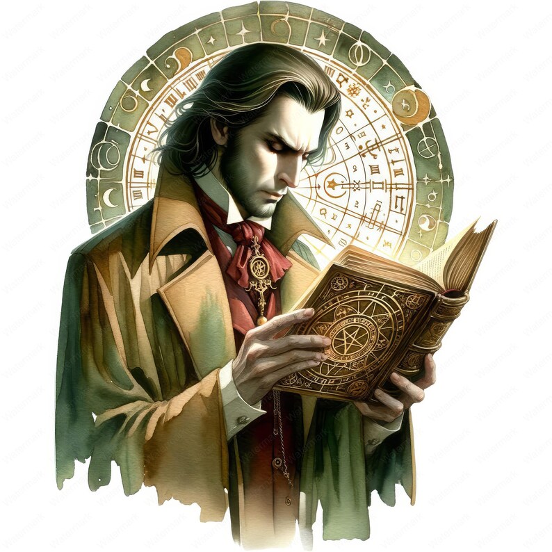 K&ouml;nnte beinhalten: Ein Mann in einem braunen Mantel und einer roten Krawatte liest ein offenes Buch mit goldenen Lettern und einem kreisf&ouml;rmigen Design auf dem Einband. Das Buch wird von hinten beleuchtet und wirft einen warmen Schein auf die Seite. Hinter dem Kopf des Mannes ist ein kreisf&ouml;rmiges Design mit r&ouml;mischen Ziffern und Sternen zu sehen.
