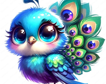 Paquete de imágenes prediseñadas de pavo real adorable / Arte de vida silvestre, uso comercial (descarga digital)