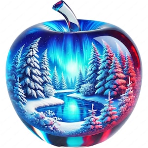 May include: A glass apple ornament with a winter scene inside. The interior features snow-covered pine trees, a river, and a blue and red aurora borealis. The stem is clear glass.