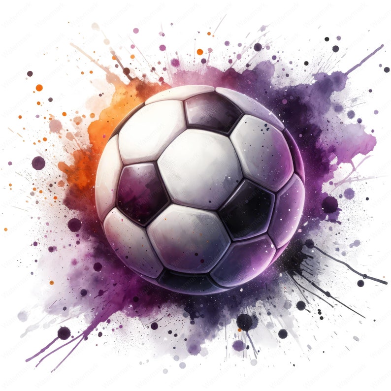 Puede incluir: Un bal&oacute;n de f&uacute;tbol blanco y negro con un fondo de salpicaduras de acuarela p&uacute;rpura y naranja.