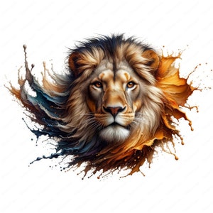 Pu&ograve; includere: Una testa di leone maestosa con una criniera folta, circondata da uno schizzo di vernice colorata in tonalit&agrave; blu, marrone e arancio.