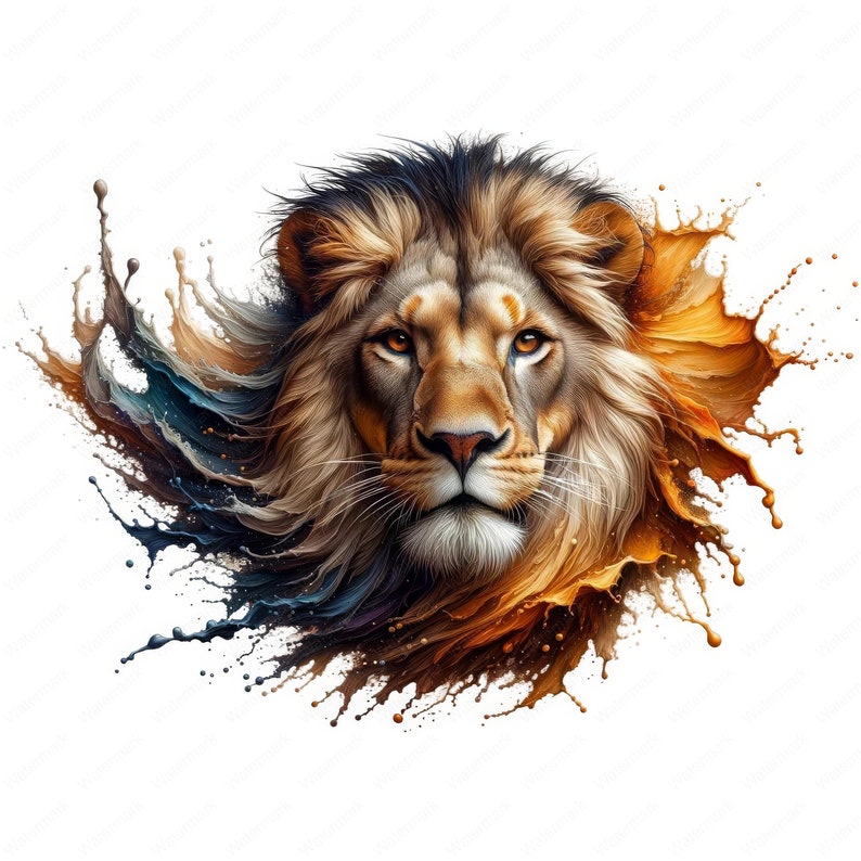 Pu&ograve; includere: Una testa di leone maestosa con una criniera folta, circondata da uno schizzo di vernice colorata in tonalit&agrave; blu, marrone e arancio.