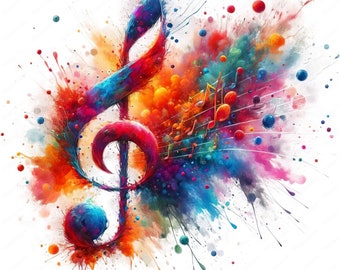 May include: A colorful abstract painting of a treble clef with musical notes in a burst of paint splatters.