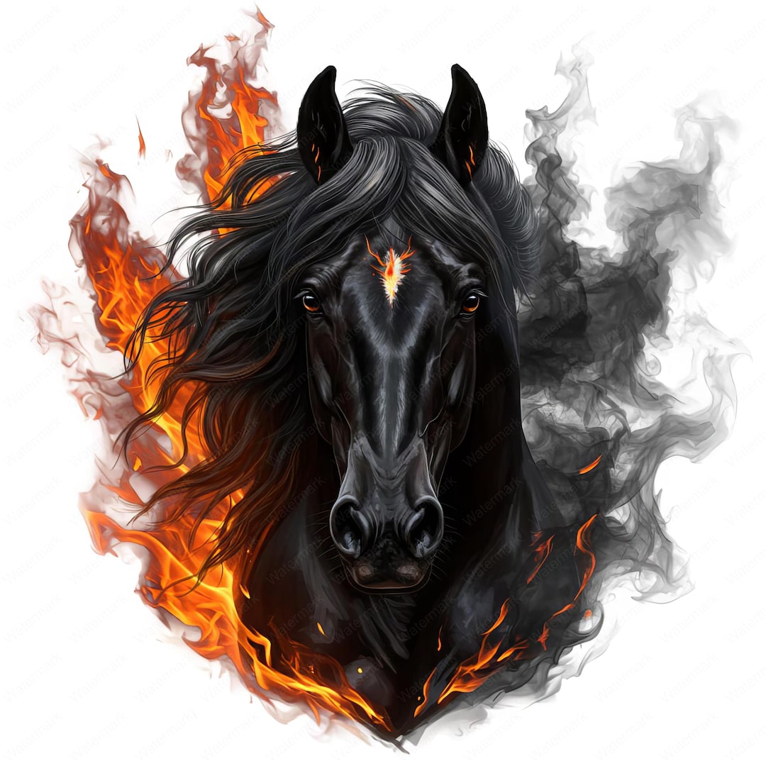 燃える黒馬のクリップアート：ファンタジーPNGバンドル（デジタル