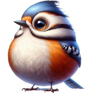 May include: A cartoon illustration of a blue, white, and orange bird with a large, round body and a small beak. The bird has a blue crest on its head and a white belly.