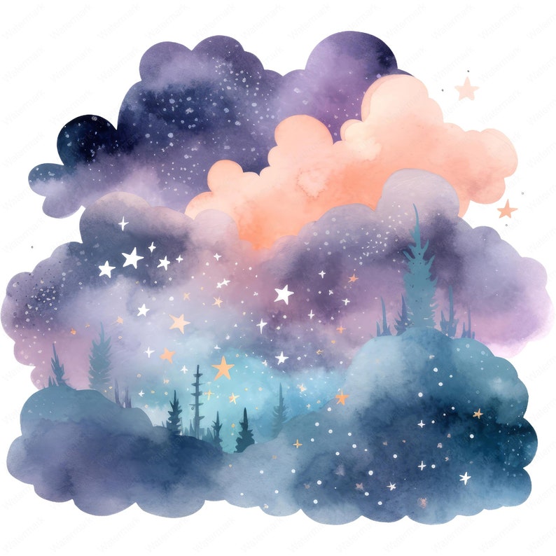 May include: Watercolor painting of a dreamy night sky with clouds in shades of purple, blue, and peach. Stars and silhouettes of trees are scattered throughout the scene, creating a whimsical and ethereal landscape.