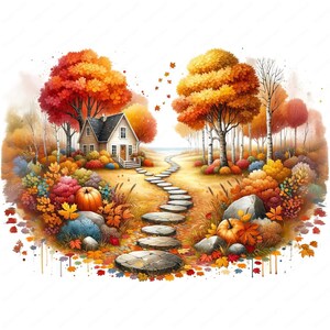 May include: A stone path leads to a small white house in a forest with colorful autumn leaves. The path is lined with trees and bushes, and there are pumpkins on the ground.