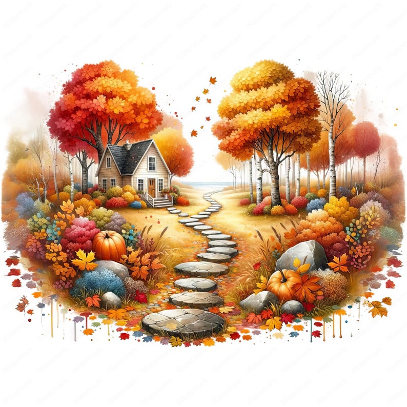 May include: A stone path leads to a small white house in a forest with colorful autumn leaves. The path is lined with trees and bushes, and there are pumpkins on the ground.