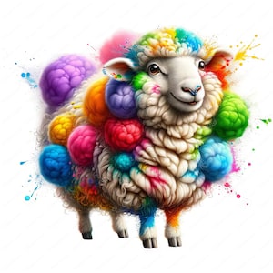 May include: A white sheep covered in colorful paint splatters and fluffy balls of yarn. The sheep has a happy expression and is standing on a white background.