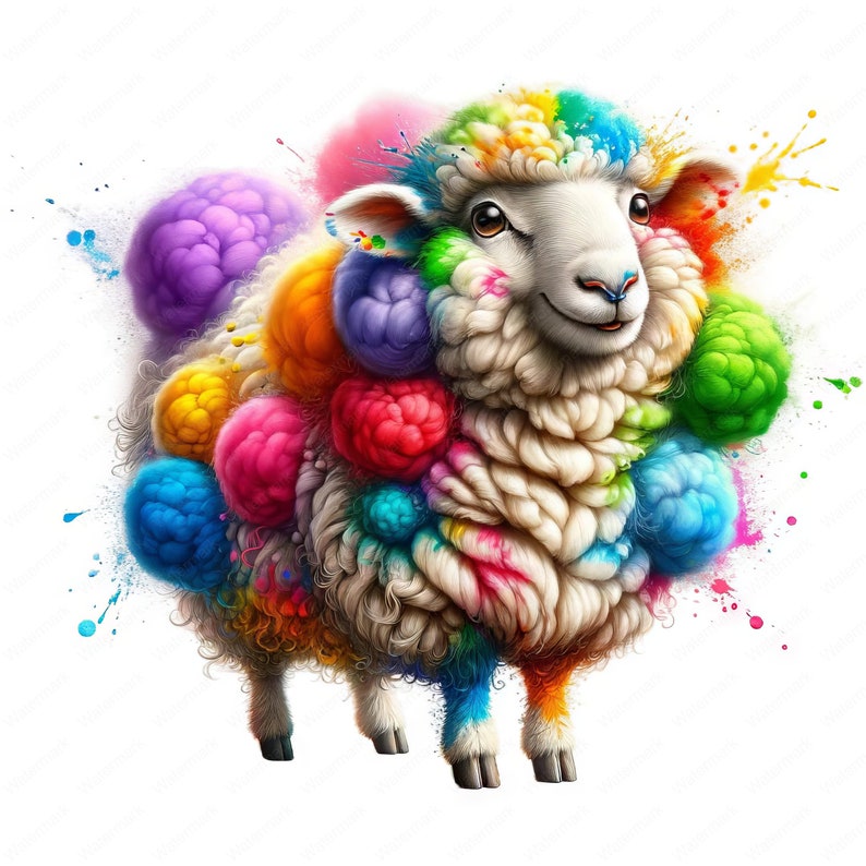 May include: A white sheep covered in colorful paint splatters and fluffy balls of yarn. The sheep has a happy expression and is standing on a white background.