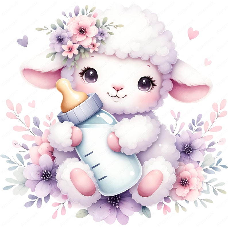 May include: A cute white lamb with a pink nose and purple eyes wearing a flower crown and holding a blue baby bottle.
