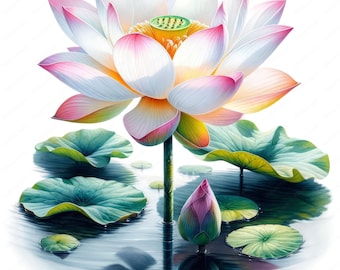 Paquete de imágenes prediseñadas de flores de loto serenas: láminas de arte floral para imprimir (descarga digital)