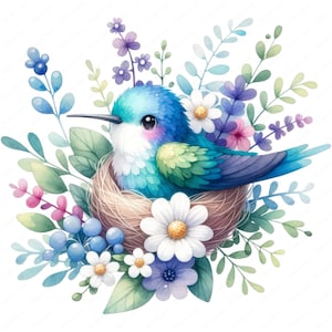May include: A blue and green hummingbird sits in a woven nest surrounded by purple, blue, and white flowers.