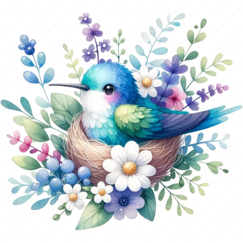 May include: A blue and green hummingbird sits in a woven nest surrounded by purple, blue, and white flowers.