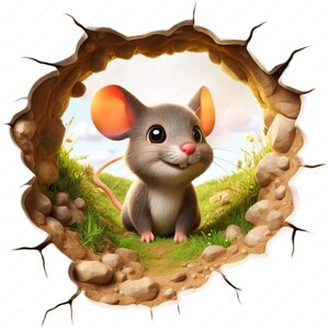 May include: A cartoon mouse with large ears and a big smile peeks out of a hole in a wall. The mouse is gray with a white belly and is sitting on a patch of green grass. The hole is surrounded by rocks and dirt.