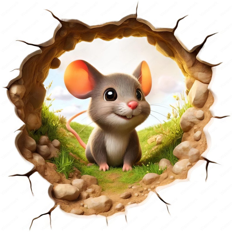 May include: A cartoon mouse with large ears and a big smile peeks out of a hole in a wall. The mouse is gray with a white belly and is sitting on a patch of green grass. The hole is surrounded by rocks and dirt.
