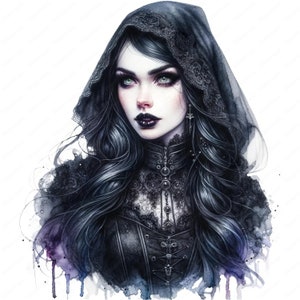 Puede incluir: Una mujer con cabello oscuro y piel p&aacute;lida lleva una capa negra con capucha y detalles de encaje. Tiene maquillaje de ojos oscuro y l&aacute;piz labial oscuro. El fondo es una acuarela de color p&uacute;rpura y azul.