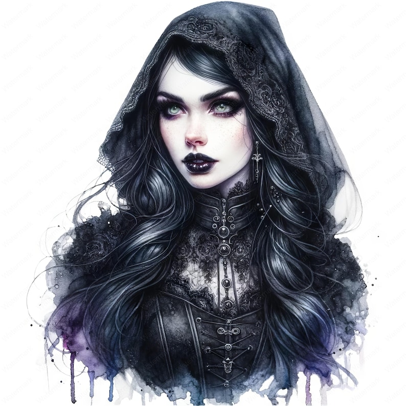 Puede incluir: Una mujer con cabello oscuro y piel p&aacute;lida lleva una capa negra con capucha y detalles de encaje. Tiene maquillaje de ojos oscuro y l&aacute;piz labial oscuro. El fondo es una acuarela de color p&uacute;rpura y azul.