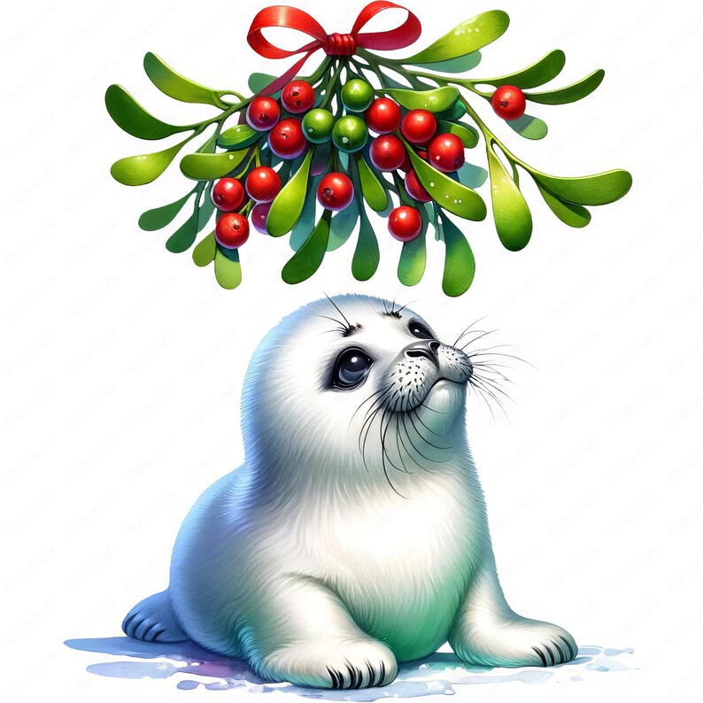 May include: A white seal pup with black eyes and whiskers looks up at a sprig of mistletoe with red berries and green leaves.