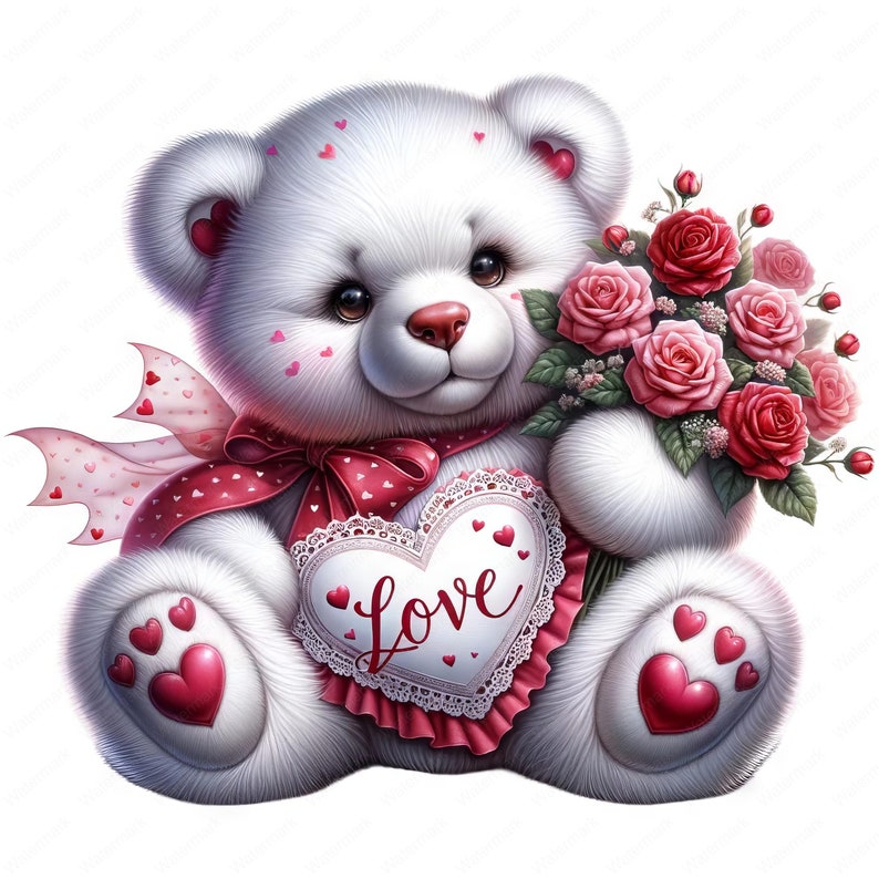 May include: A white teddy bear holding a bouquet of pink and red roses. The bear is wearing a red bow and a heart-shaped tag that says "Love".