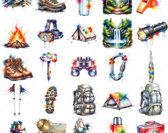 Aquarell Wandern Clipart: Camping Abenteuer PNG Grafik (kommerzielle Nutzung, digitaler Download)