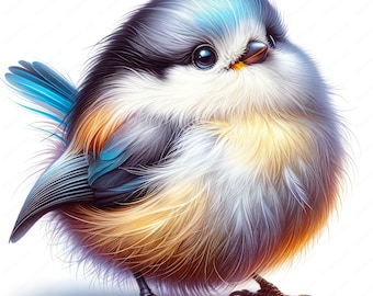 May include: A fluffy blue, white, and orange bird with a small beak and large, dark eyes. The bird is sitting on a white background.