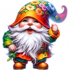 May include: A cheerful gnome with a white beard and a colorful flower-patterned hat. He is wearing a green, orange, and yellow outfit with a brown belt. The gnome is smiling and has a happy expression.