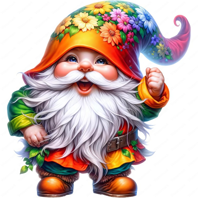 May include: A cheerful gnome with a white beard and a colorful flower-patterned hat. He is wearing a green, orange, and yellow outfit with a brown belt. The gnome is smiling and has a happy expression.