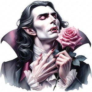 K&ouml;nnte beinhalten: Ein Vampir mit blasser Haut und dunklen Haaren h&auml;lt eine rosafarbene Rose. Er tr&auml;gt einen schwarzen Anzug mit wei&szlig;em Kragen und einer roten Krawatte. Seine Augen sind geschlossen und er blickt auf die Rose.