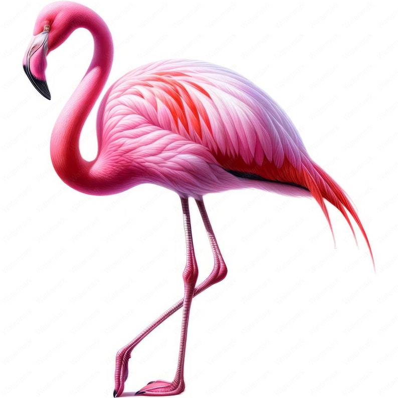 K&ouml;nnte beinhalten: Ein rosafarbener Flamingo mit langen, schlanken Beinen und einem gebogenen Hals. Der Vogel hat rosa und rote Federn und steht auf einem Bein.