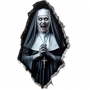 May include: A scary nun with a white habit and black veil is seen through a cracked wall. She has a cross necklace and her hands are clasped in prayer. Her eyes are wide and her mouth is open in a scream.