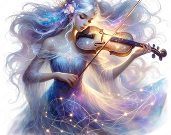 May include: A woman with long, flowing blue hair plays a violin. The violin is decorated with stars and the woman's dress is adorned with a galaxy-like pattern.