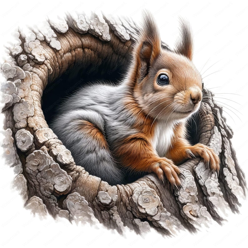 May include: A red squirrel with a white belly and a bushy tail is peeking out of a tree trunk. The squirrel's fur is soft and fluffy, and its eyes are bright and alert.