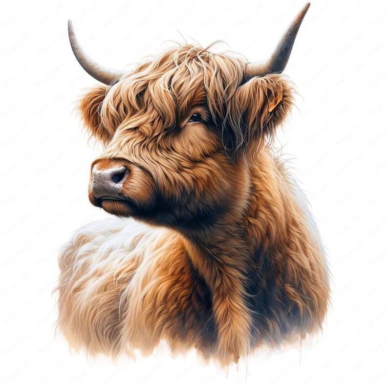 May include: A close-up portrait of a Highland cow with long, shaggy brown and white fur. The cow has a long, pointed snout and large, dark eyes. The cow is looking off to the side, and its ears are perked up.