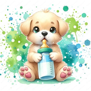 Baby Puppy with Baby Bottle Clipart 10 High-Quality Images Nursery Decor Cute Dog Illustrations Digital Prints Commercial Use zdjęcie 8