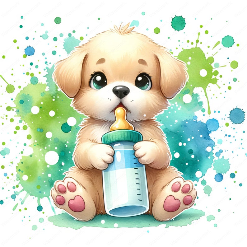 Baby Puppy with Baby Bottle Clipart 10 High-Quality Images Nursery Decor Cute Dog Illustrations Digital Prints Commercial Use zdjęcie 8