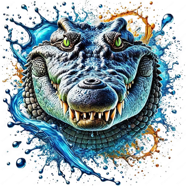 May include: A close-up of a crocodile's head with sharp teeth, surrounded by blue and orange water splashes.