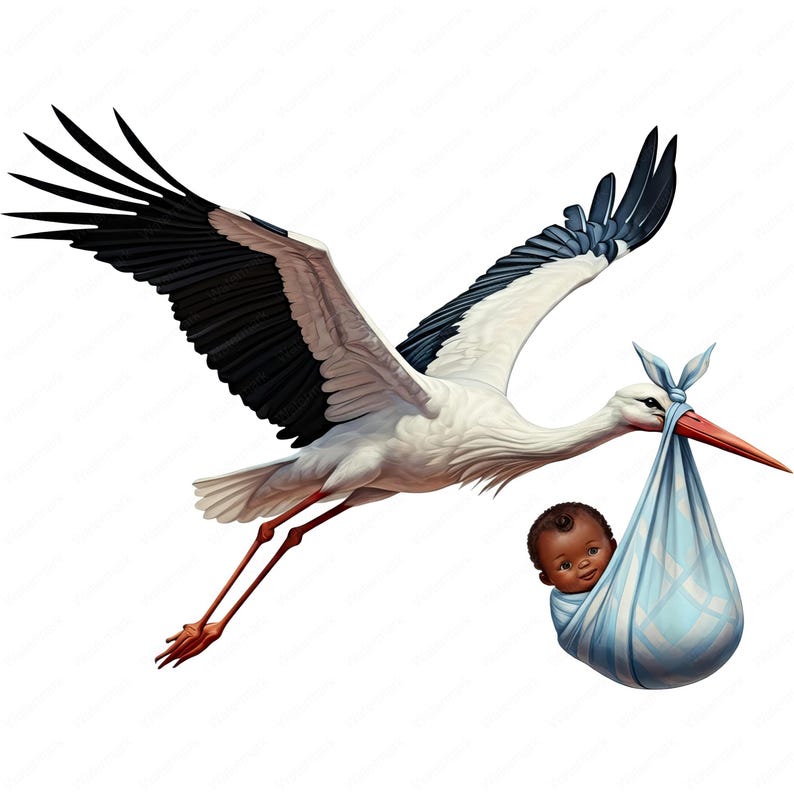 May include: A white stork with black wings carries a baby wrapped in a blue blanket in its beak. The baby has brown skin and dark hair.