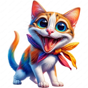May include: A cartoon illustration of a white, orange, and brown cat with big blue eyes and a wide, toothy grin. The cat is wearing a colorful bow tie and has a rainbow-colored tail.