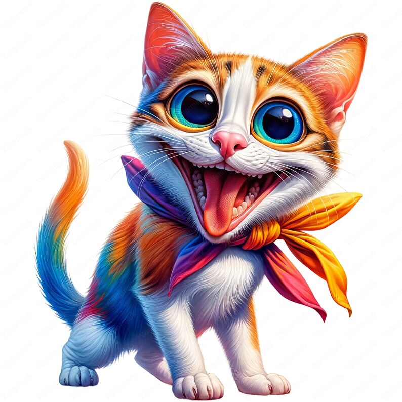 May include: A cartoon illustration of a white, orange, and brown cat with big blue eyes and a wide, toothy grin. The cat is wearing a colorful bow tie and has a rainbow-colored tail.