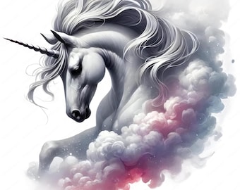 May include: A white unicorn with a silver horn, surrounded by pink and blue clouds. The unicorn's mane and tail are flowing in the wind.