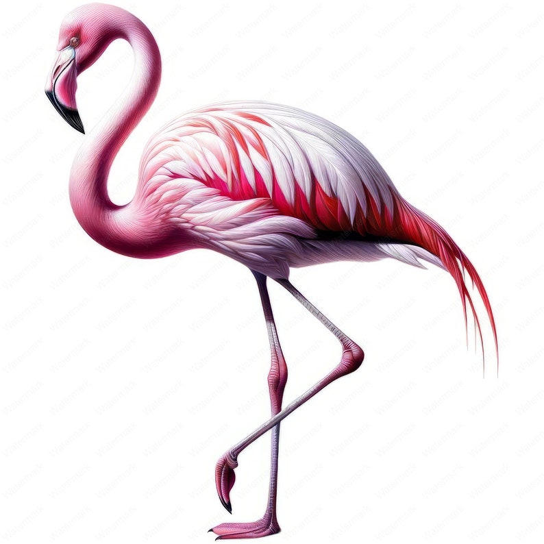 K&ouml;nnte beinhalten: Ein rosafarbener Flamingo mit roten und wei&szlig;en Federn steht auf einem Bein und hat den Kopf gesenkt. Der Flamingo ist vor einem wei&szlig;en Hintergrund isoliert.
