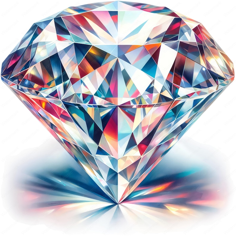 May include: A large, sparkling diamond with a rainbow of colours reflecting off its facets. The diamond is set against a white background.