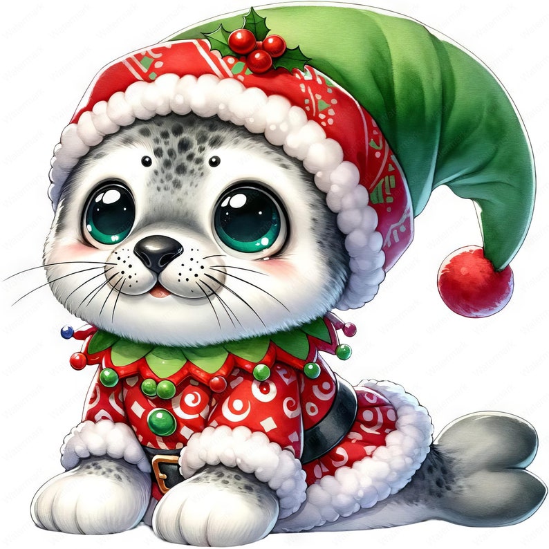 May include: A cute, cartoon-style seal wearing a red and green Christmas elf costume with a white fur trim. The seal has large, blue eyes and a white and gray spotted coat.