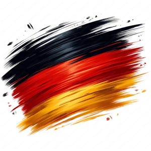 May include: A stylized abstract painting of the German flag in black, red, and gold. The colors are painted in a brushstroke style, creating a dynamic and textured effect.