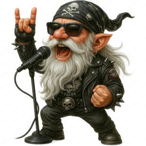 Gnomo de rock cantante (imágenes prediseñadas, PNG y JPG, 10 diseños para sublimación, descarga instantánea, uso comercial)