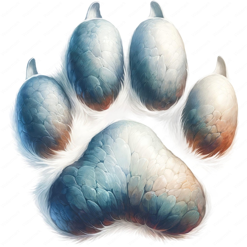 May include: A close-up of a blue and white animal paw print with a furry texture. The paw print has five toes and a central pad.