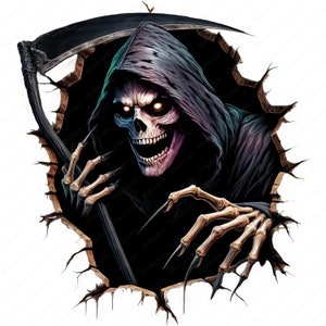 May include: A skeletal figure with glowing eyes and a black hooded robe emerges from a cracked wall, holding a scythe.